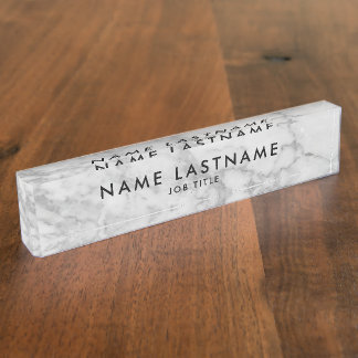 White Carrara Marble Classic Modern Personalised   Desk Name Plate
