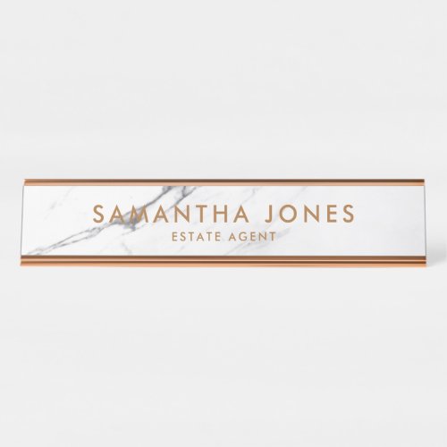 White Carrara Marble Copper Classic Personalized Desk Name Plate