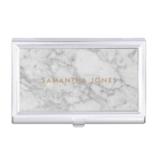 White Carrara Marble Gold Classic Personalised Business Card Case