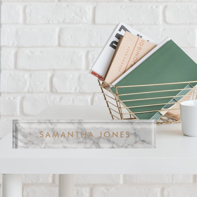White Carrara Marble Gold Classic Personalised Desk Name Plate (Creator Uploaded)