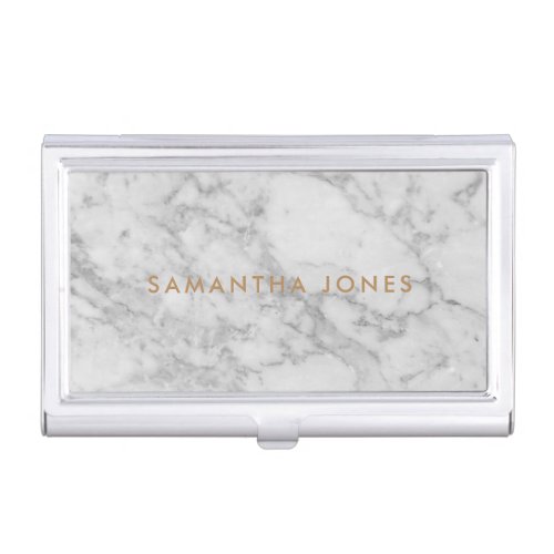 White Carrara Marble Gold Classic Personalized Business Card Case