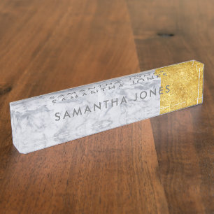 White Carrara Marble Gold Classic Personalized Desk Name Plate