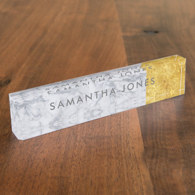 White Carrara Marble Gold Classic Personalized Desk Name Plate (Side)