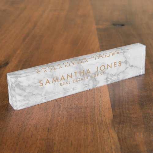 White Carrara Marble Gold Classic Personalized Desk Name Plate