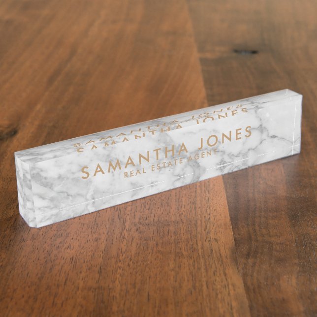 White Carrara Marble Gold Classic Personalized Desk Name Plate (Side)