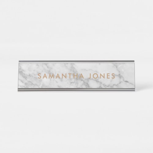 White Carrara Marble Gold Classic Personalized Desk Name Plate