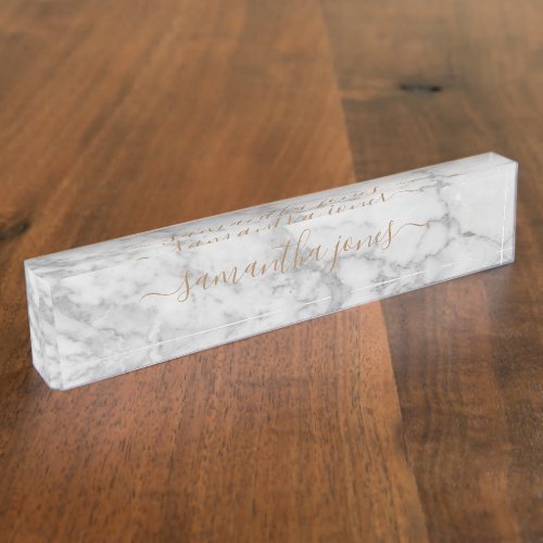 White Carrara Marble Gold Classic Personalized Desk Name Plate