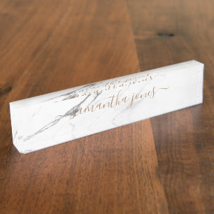 White Carrara Marble Gold Classic Personalized Desk Name Plate