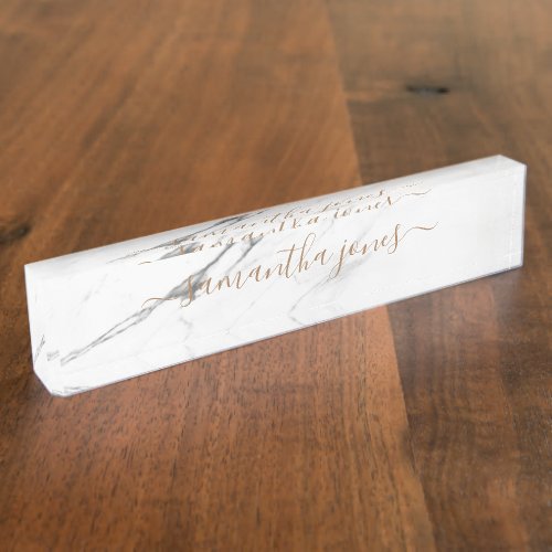 White Carrara Marble Gold Classic Personalized Desk Name Plate