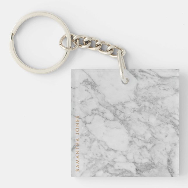 White Carrara Marble Gold Classic Personalized Keychain (Front)