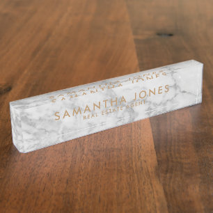 White Carrara Marble Gold Classic Personalized Nam Desk Name Plate