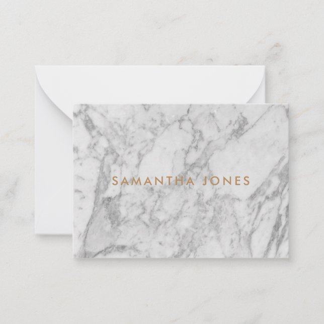 White Carrara Marble Gold Classic Personalized Note Card (Front)