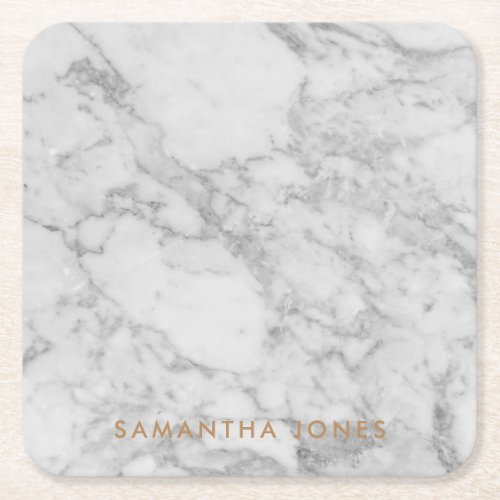 White Carrara Marble Gold Classic Personalized Square Paper Coaster