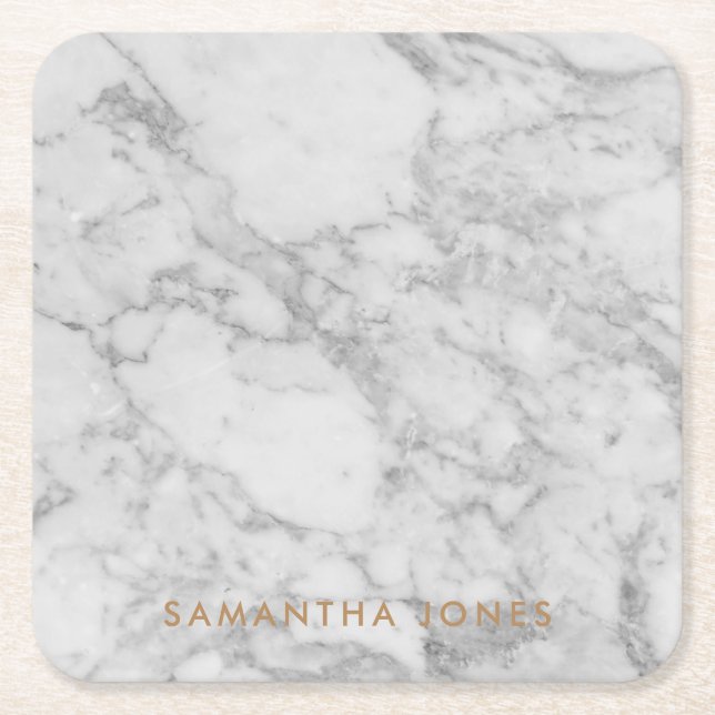 White Carrara Marble Gold Classic Personalized Square Paper Coaster (Front)