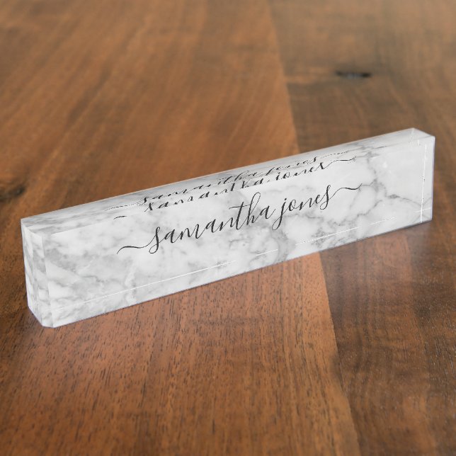 White Carrara Marble Gold Classic Script Desk Name Plate (Side)