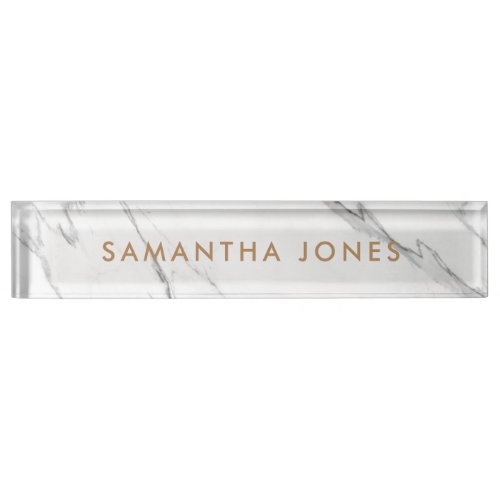 White Carrara Marble Gold Personalized Executive Desk Name Plate
