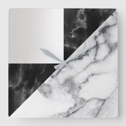 White Carrara Marble Gray Geometry Black Luxury Square Wall Clock