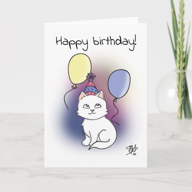 White Cartoon Cat with Balloons Happy Birthday Card (Front)