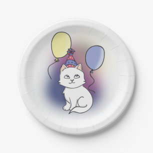 White Cartoon Cat with Balloons Paper Plates