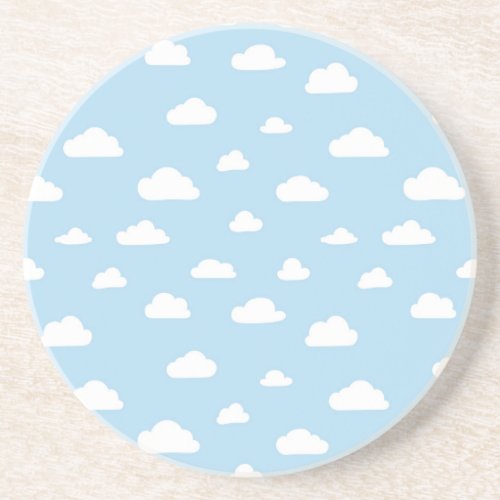 White Cartoon Clouds on Blue Background Pattern Coaster