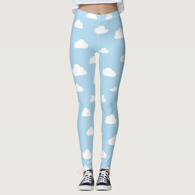 White Cartoon Clouds on Blue Background Pattern Leggings (Front)