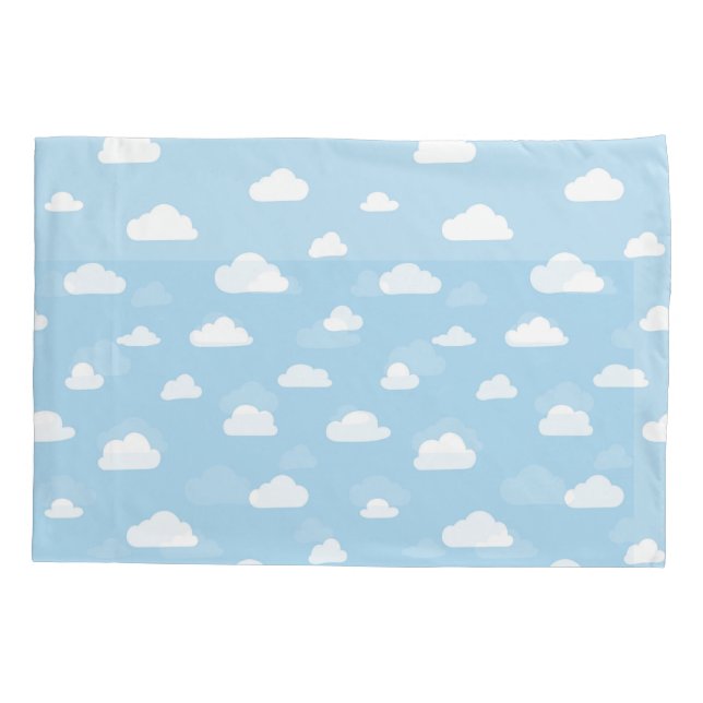 White Cartoon Clouds on Blue Background Pattern Pillowcase (Back)