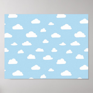White Cartoon Clouds on Blue Background Pattern Poster