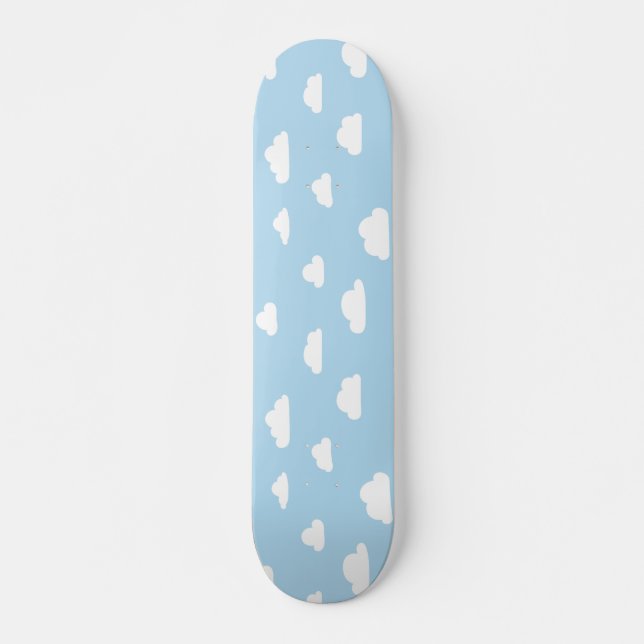 White Cartoon Clouds on Blue Background Pattern Skateboard Deck (Front)