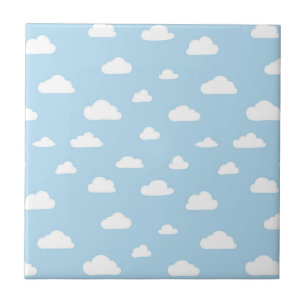 White Cartoon Clouds on Blue Background Pattern Tile