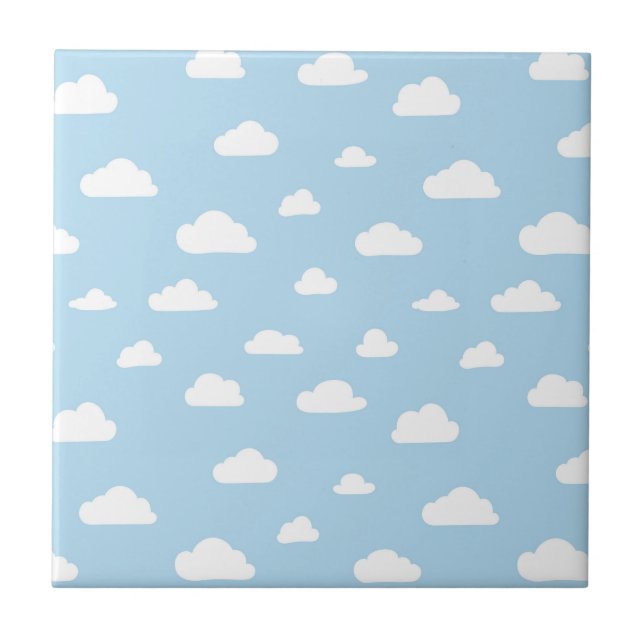 White Cartoon Clouds on Blue Background Pattern Tile (Front)