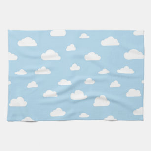 White Cartoon Clouds on Blue Background Pattern Towel