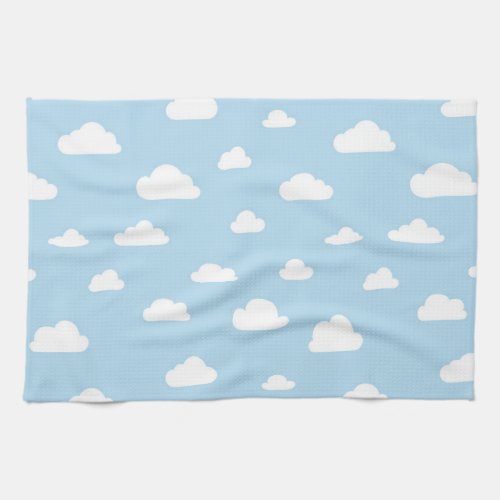 White Cartoon Clouds on Blue Background Pattern Towel