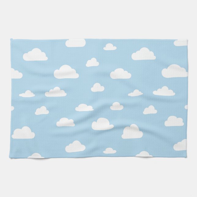 White Cartoon Clouds on Blue Background Pattern Towel (Horizontal)