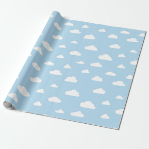 White Cartoon Clouds on Blue Background Pattern Wrapping Paper