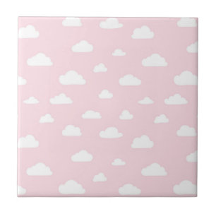 White Cartoon Clouds on Pink Background Pattern Ceramic Tile
