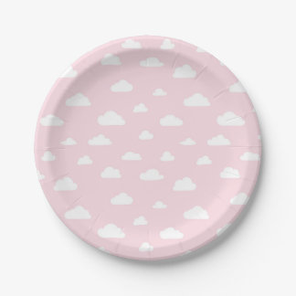 White Cartoon Clouds on Pink Background Pattern Paper Plates