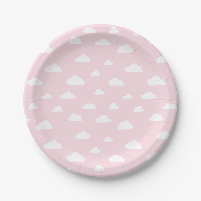 White Cartoon Clouds on Pink Background Pattern Paper Plates (Front)