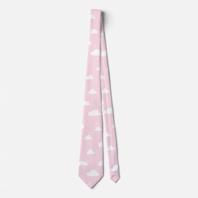 White Cartoon Clouds on Pink Background Pattern Tie (Front)