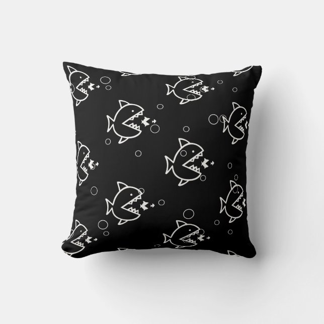 white CARTOON FISH on black pillow (Front)