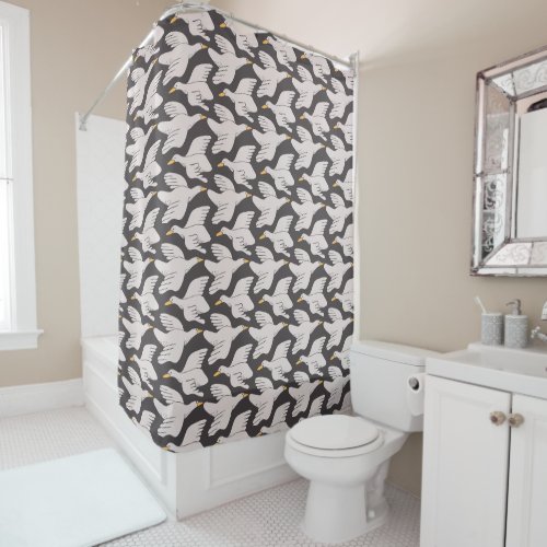 White Cartoon Goose Geometric Pattern Dark Gray Shower Curtain