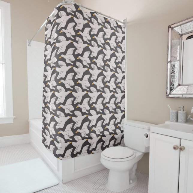 White Cartoon Goose Geometric Pattern Dark Gray Shower Curtain (In Situ)