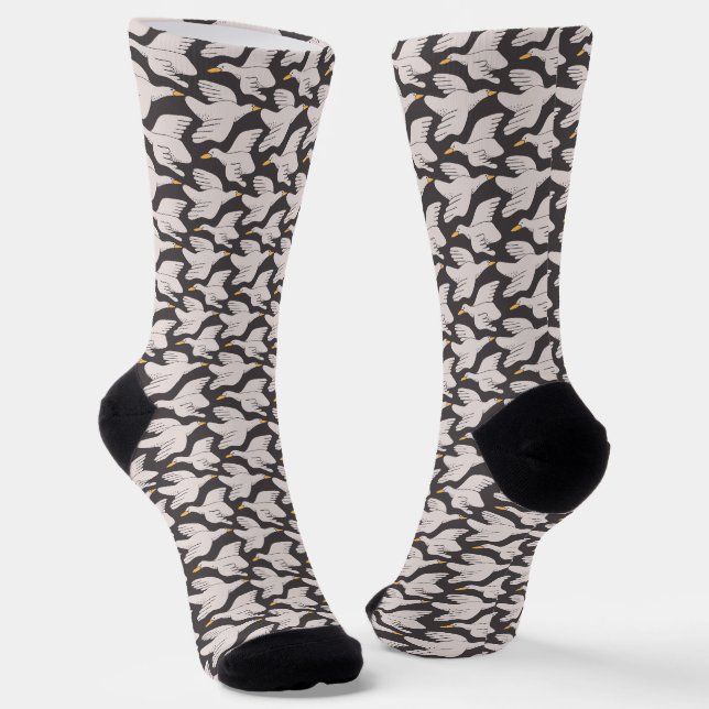 White Cartoon Goose Geometric Pattern Dark Gray Socks (Angled)