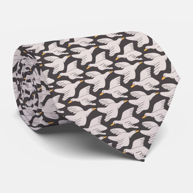 White Cartoon Goose Geometric Pattern Neck Tie (Rolled)