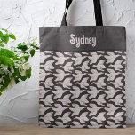 White Cartoon Goose Geometric Pattern Personalized Tote Bag<br><div class="desc">This tote bag features an interlocking pattern of cartoon geese. The white birds with their yellow bills are depicted in flight against a charcoal gray evening sky. Ready to be personalized with a name.</div>