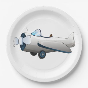 White Cartoon Propeller Plane Retro Style Vintage Paper Plates