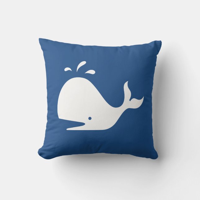 white CARTOON whale  on medium blue pillow (Front)