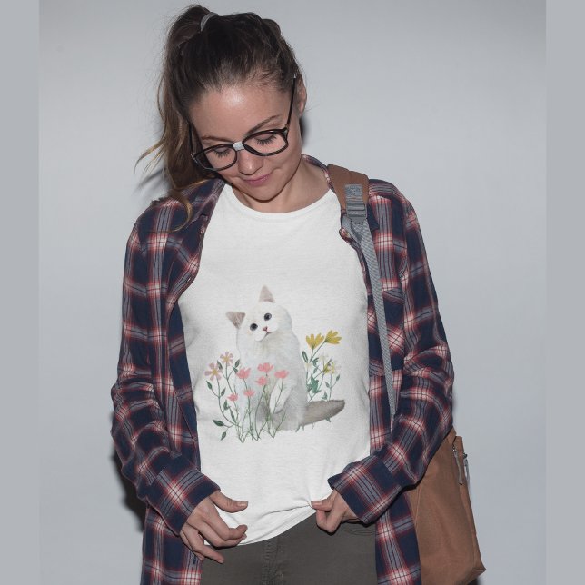 White Cat Abstract Flowers T-Shirt (Creator Uploaded)