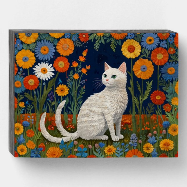 White Cat Among Colorful Flowers Wooden Box Sign (Front Horizontal)