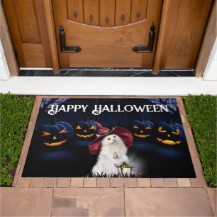 White Cat and Black Jack-o-lanterns Doormat