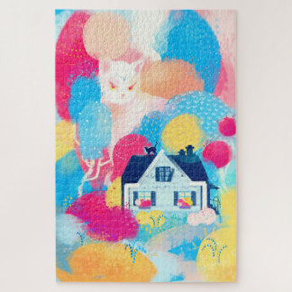 White Cat and Country House Jigsaw Puzzle